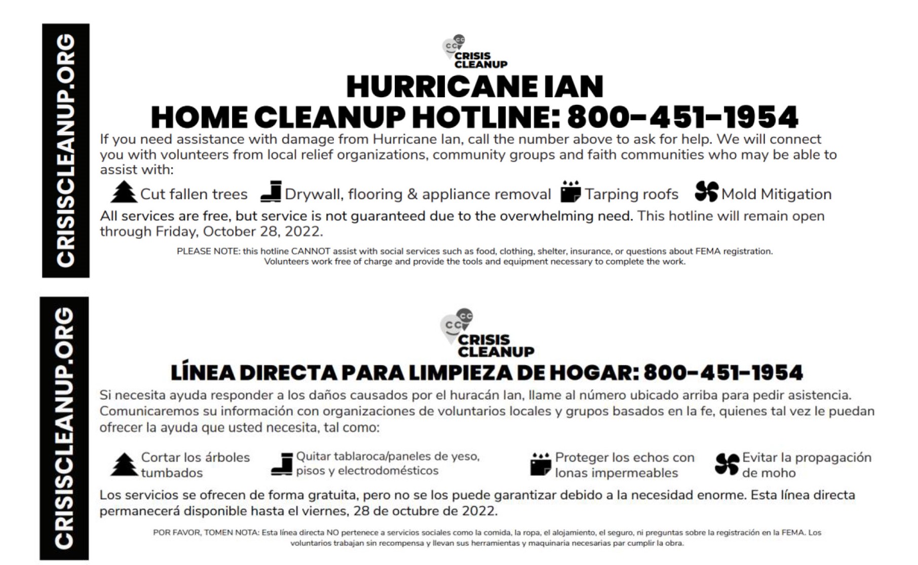 Hurricane IAN Home Cleanup Hotline: 800-451-1954